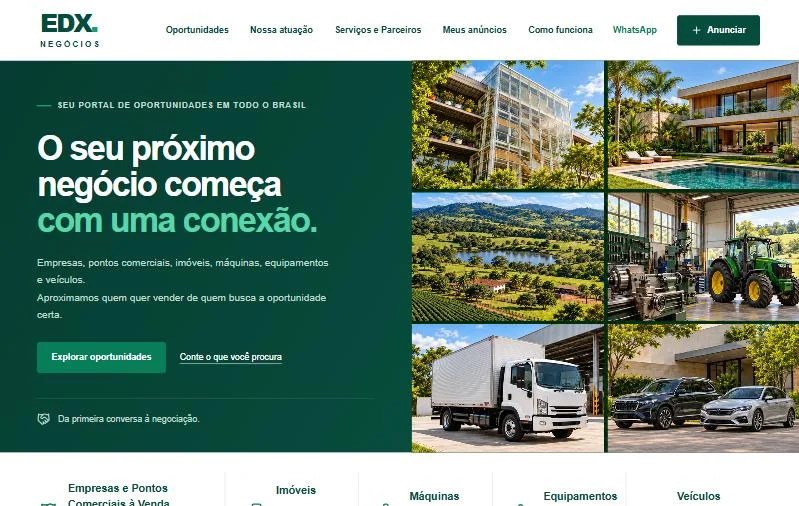 Página inicial do portal EDX Negócios, com categorias de empresas, imóveis, máquinas, equipamentos e veículos