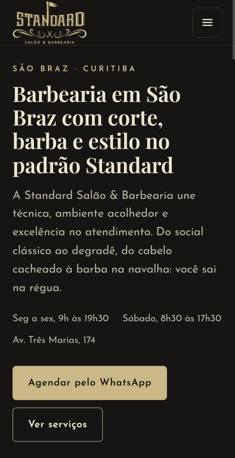 Site da Standard Salão e Barbearia, em São Braz, Curitiba, aberto no celular